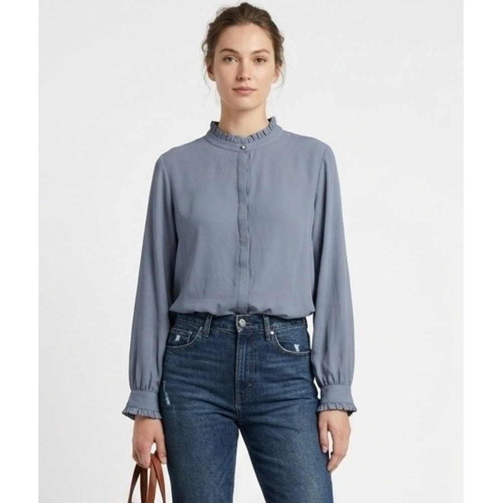 Ann Taylor Womens Gray Long Sleeve Ruffle Neck Button Front Blouse Shirt Size XL